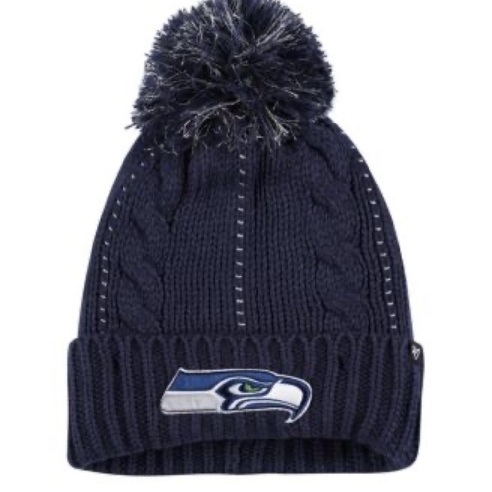 Seattle Seahawks Navy Cable-Knit Pom Beanie with Team Logo